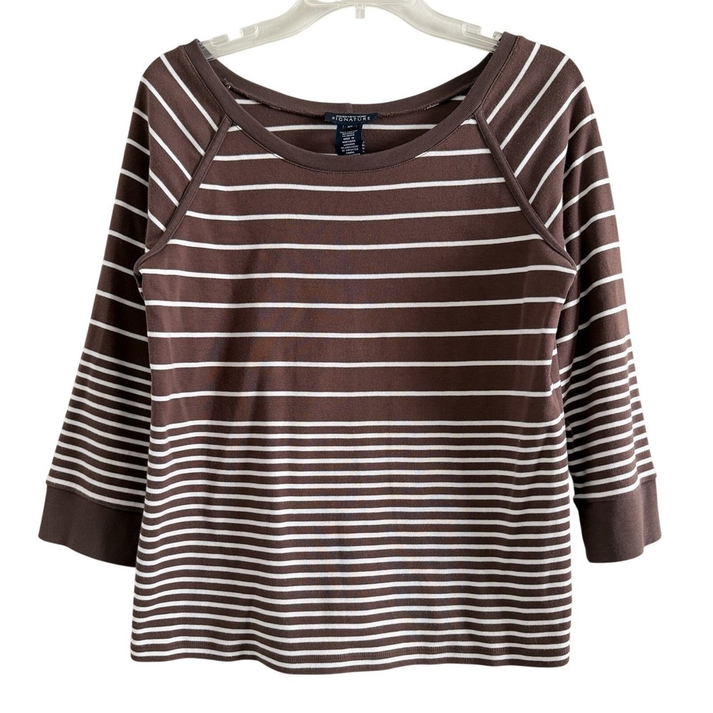 Y2K Jones New York Signature Brown Striped Cotton Scoop Neck 3/4 Sleeve Top XL